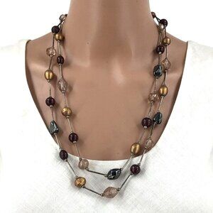 Vintage Double Strand Necklace Mixed Beads Silver Green Gold Purple Adjustable L